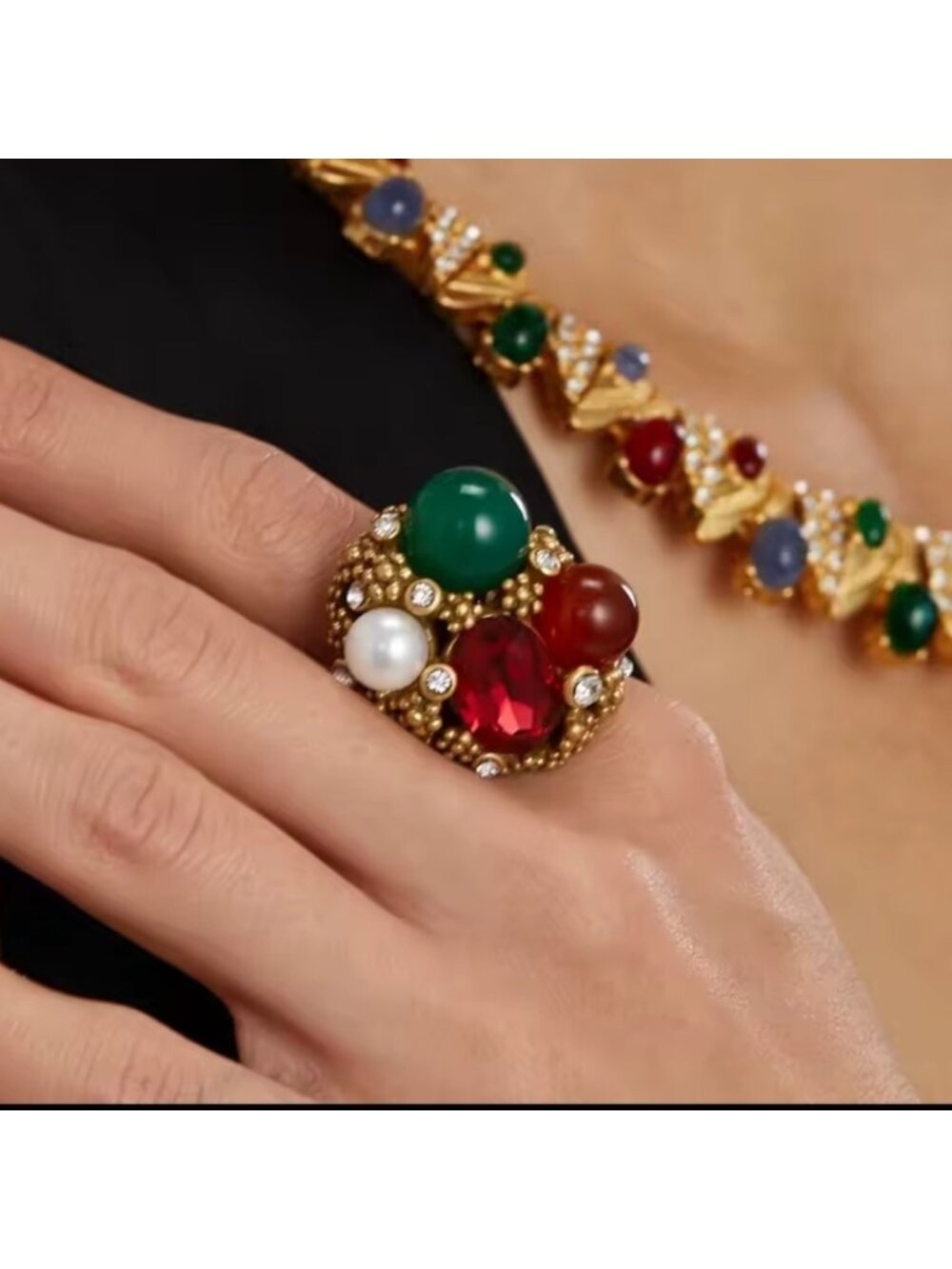 Opulent Collector’s Gem Ring Rare Ruby, Jade & Pearl in Ornate Gold Design - Picture 3 of 11